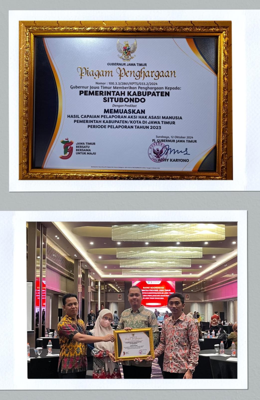 PENGHARGAAN KEPADA PEMERINTAH KABUPATEN SITUBONDO HASIL CAPAIAN PELAPORAN ASKI HAM PEMERINTAH KAB/KOTA DI JATIM PERIODE PELAPORAN TAHUN 2023